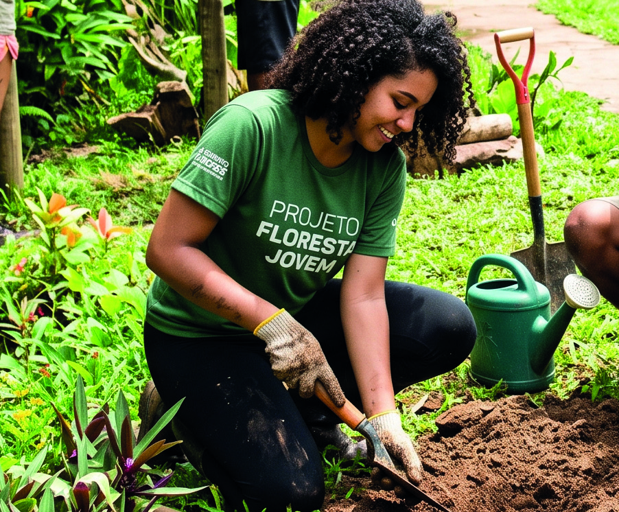 Jovem plantando uma muda em Piraquara